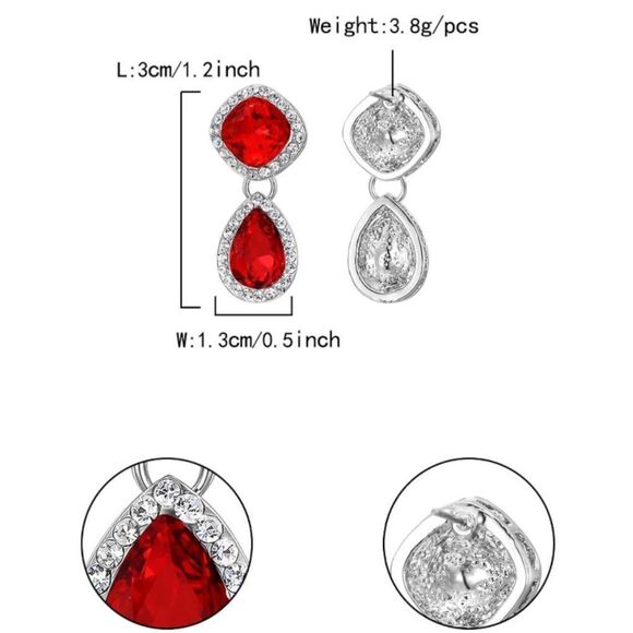 Silver with Ruby Red and Diamond Austrian Crystal Rhombus Teardrop Post Earrings - Picture 5 of 5